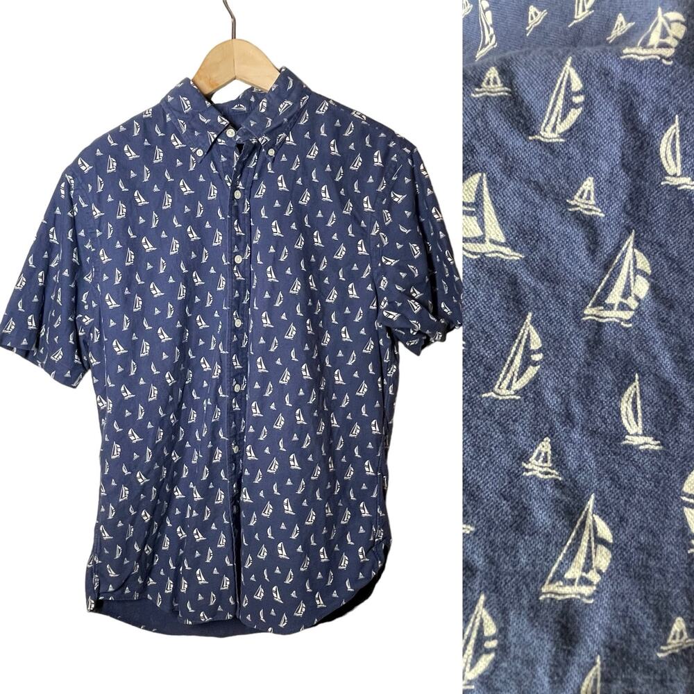 Ralph Lauren Mens Button Up Shirt Sailboat Nautical Navy Blue Slim Fit Large